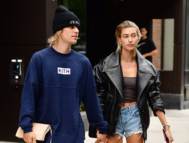 See Hailey Bieber Pair a Leather Coat with a Tiny Skirt and Tights in NYC
